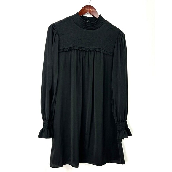 Elan Womens Size M Black Mini Dress Mock Neck Sheer Unlined Ruffle Smocked U4 - Picture 6 of 12